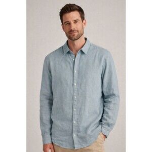 Boden Men's Flax Linen Blend Button Down Shirt Blue Lightweight Casual Size XL